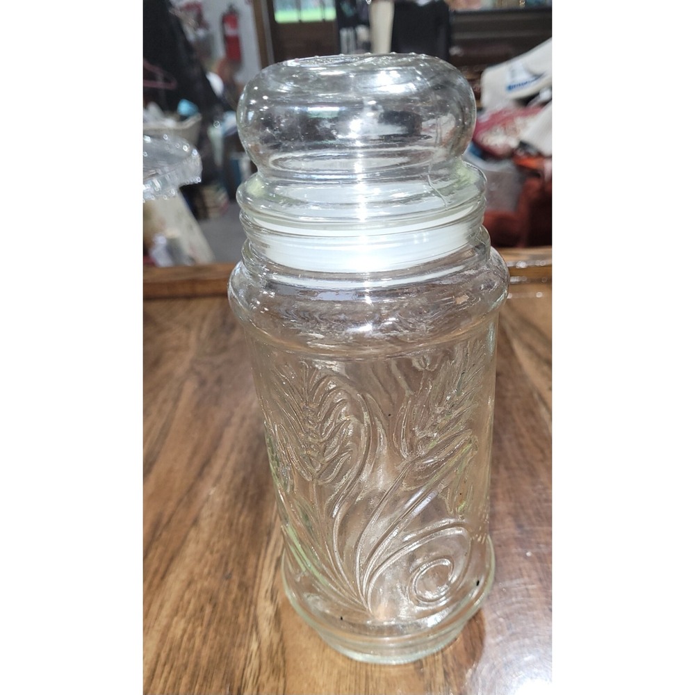 1982 Planters Glass Canister Jar Wheat Pattern with Lid Mr Peanut Anchor Hocking